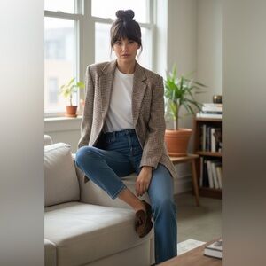 Vintage kuon tai Men's Checkered Blazer in Black, Brown, and Cream